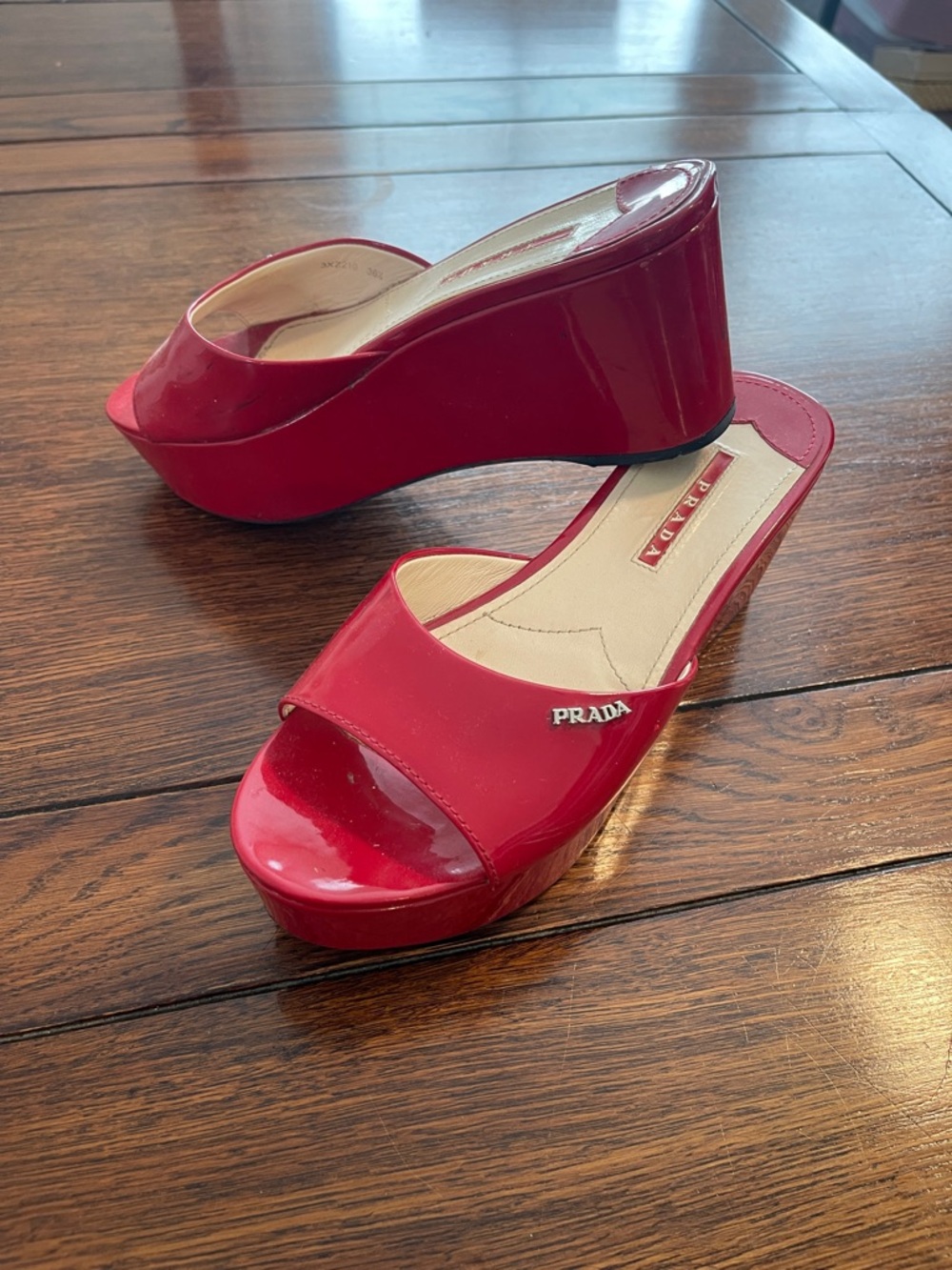 Prada Sport Red Patent Leather Platform Wedge Mules Sandals Slides